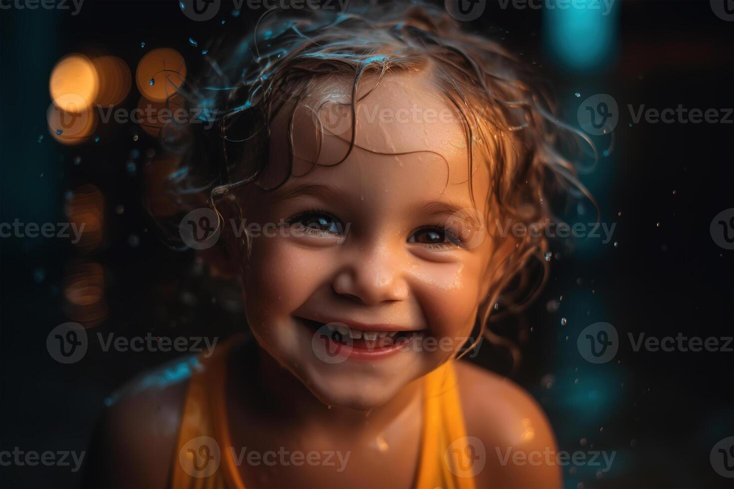 AI generated Cheerful child in water park. Portrait of laughing caucasian curly wet girl looking at camera. Childhood, children's active rest. Generative AI photo