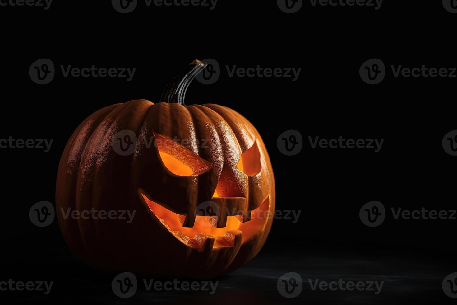 AI generated Autumn holiday traditional Halloween concept. Pumpkin with a carved evil halloween face on dark background. Generative AI photo