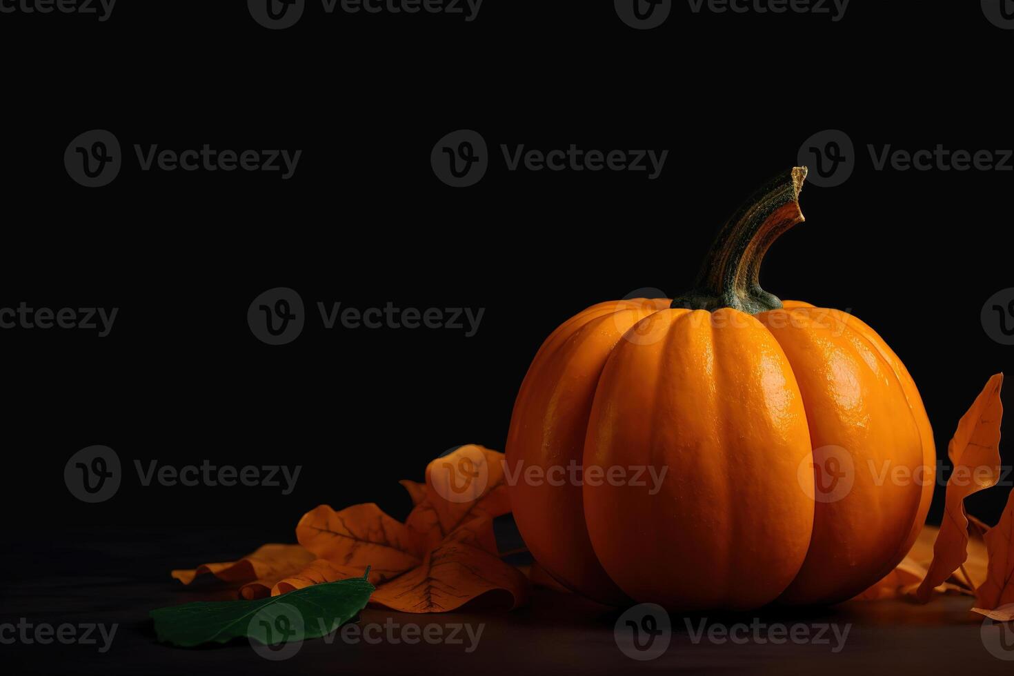 AI generated Orange pumpkin symbol of halloween holiday and autumn leaves on a dark background with copy space. Generative AI photo