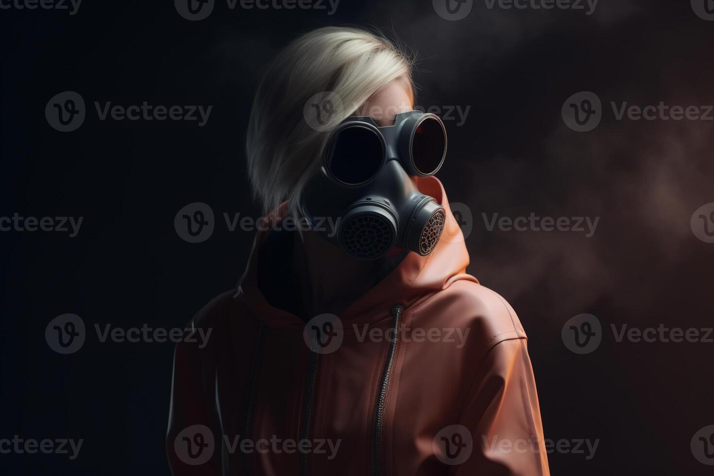 AI generated Portrait caucasian stylish woman blonde fashion model in glasses, gas mask and jacket on dark background in studio. Modern creative post apocalyptic female fashion concept. Generative AI photo