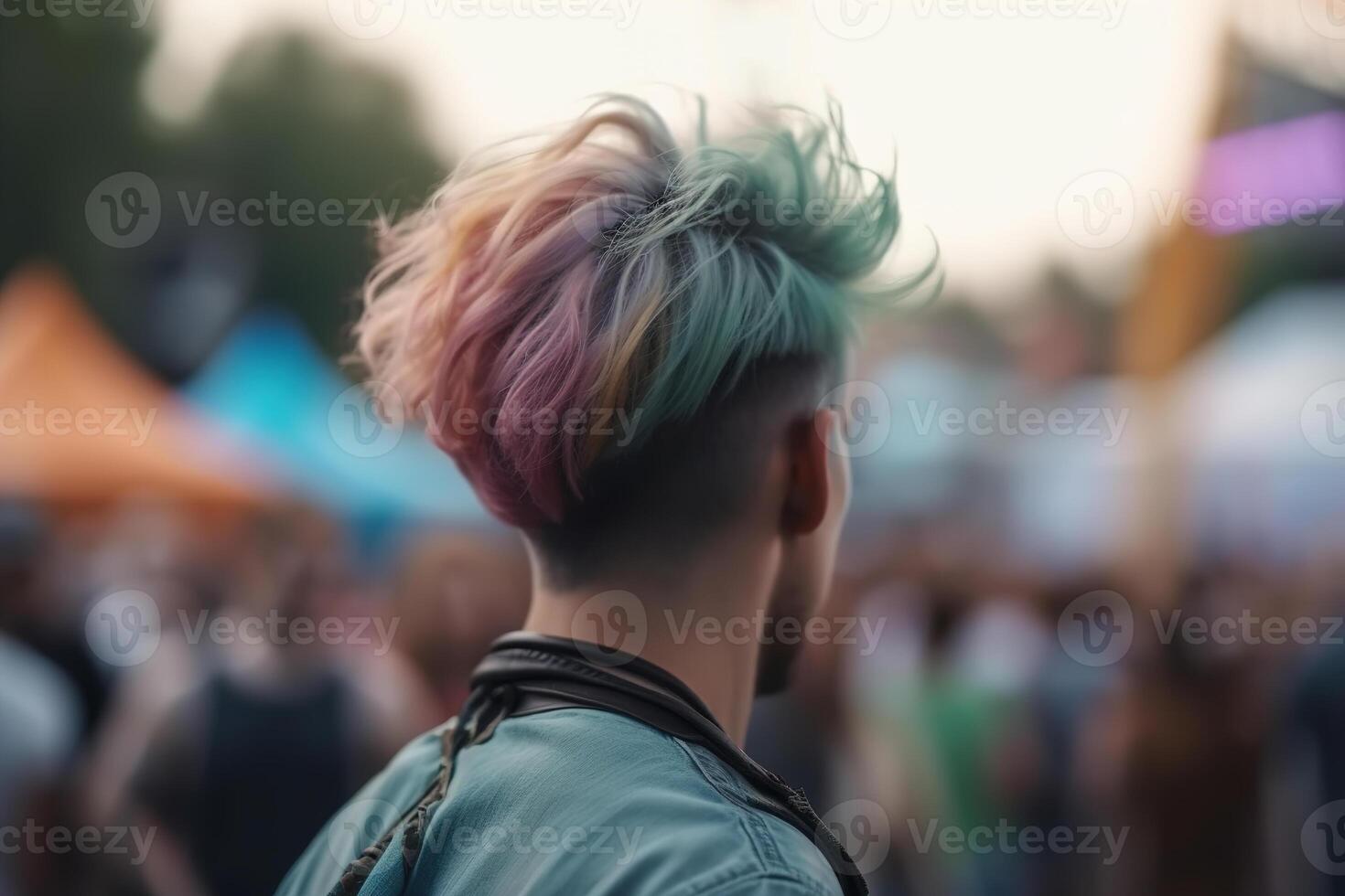 AI generated Rear view of an unrecognizable hipster guy at music festival. Selective focus on colored hairstyle. Generative AI photo