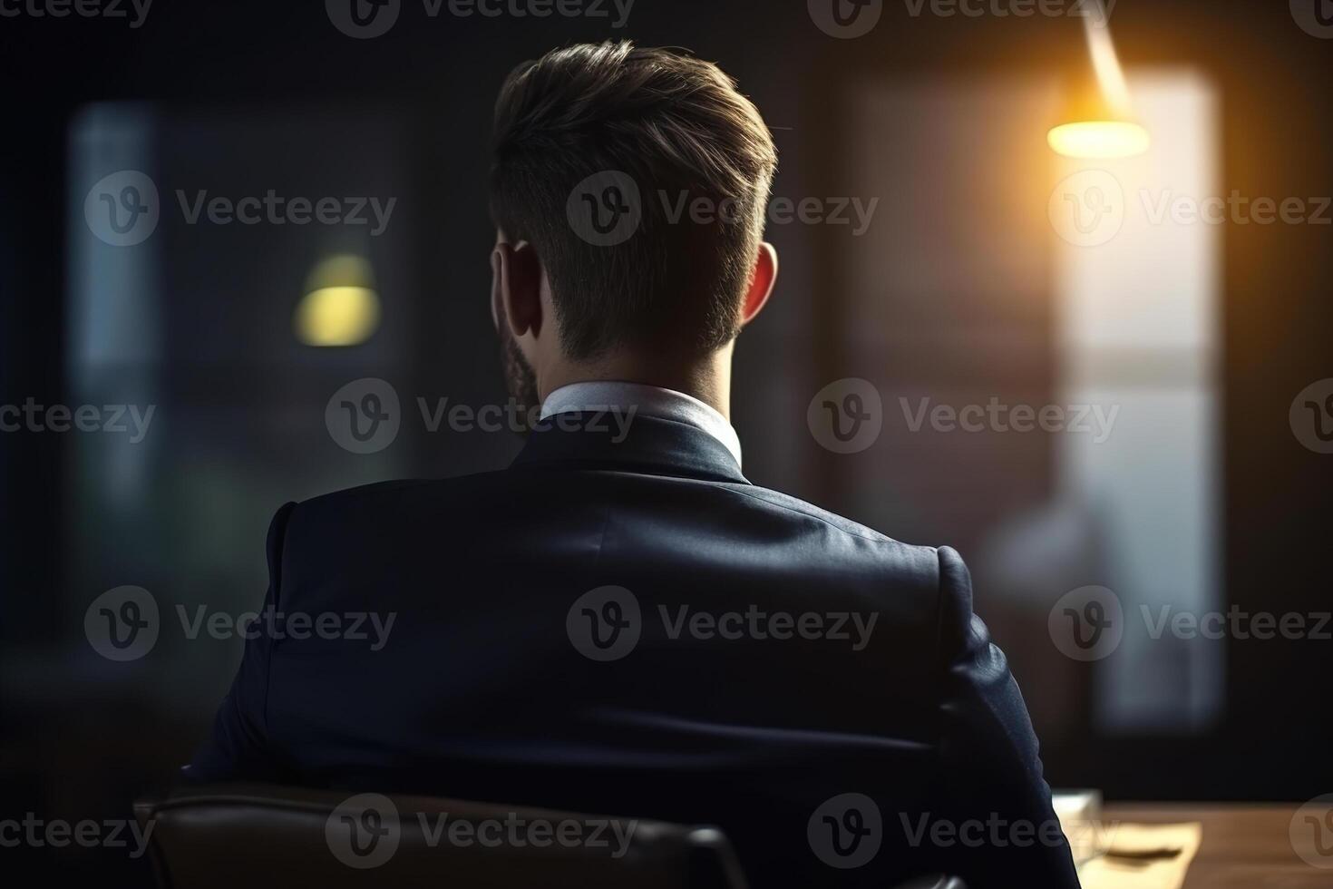 AI generated Lonely handsome businessman in suit sitting alone in office in evening, back view. Generative AI photo