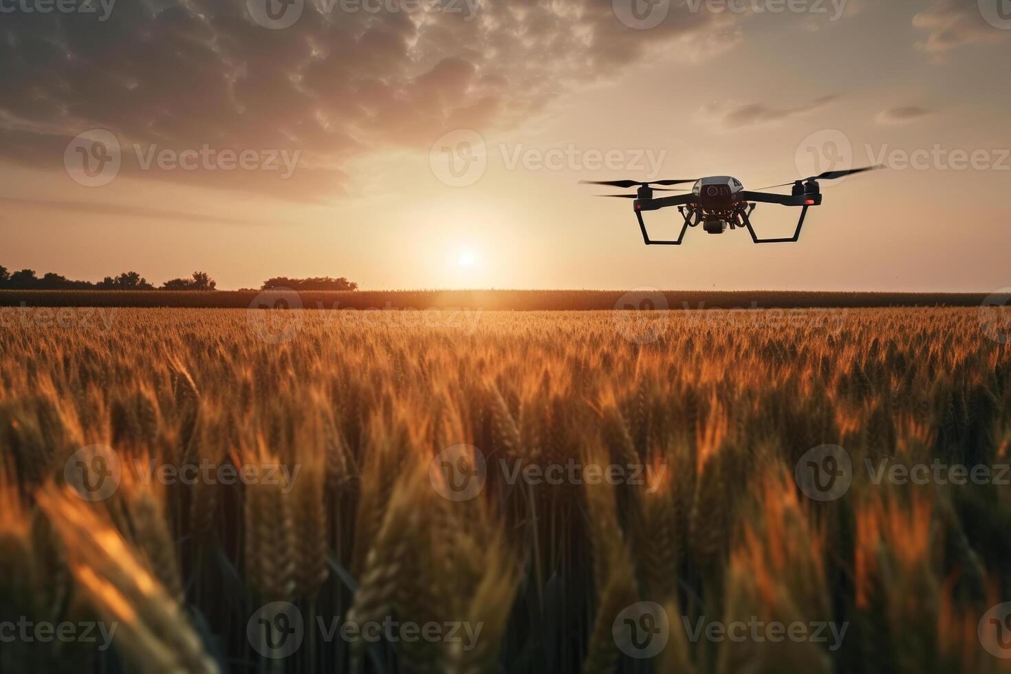 ai generado agrícola moderno nuevo tecnologías. zumbido volador terminado trigo campo a atardecer, Copiar espacio. generativo ai foto