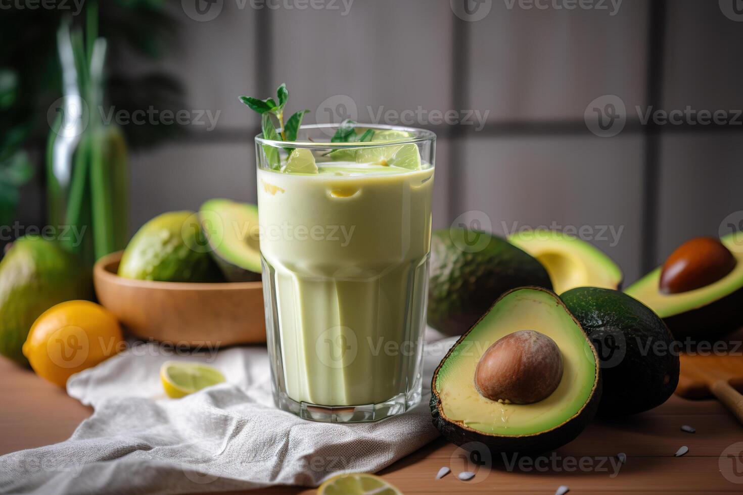 AI generated Diet vegan detox avocado drink in a glass on the table. Generative AI photo