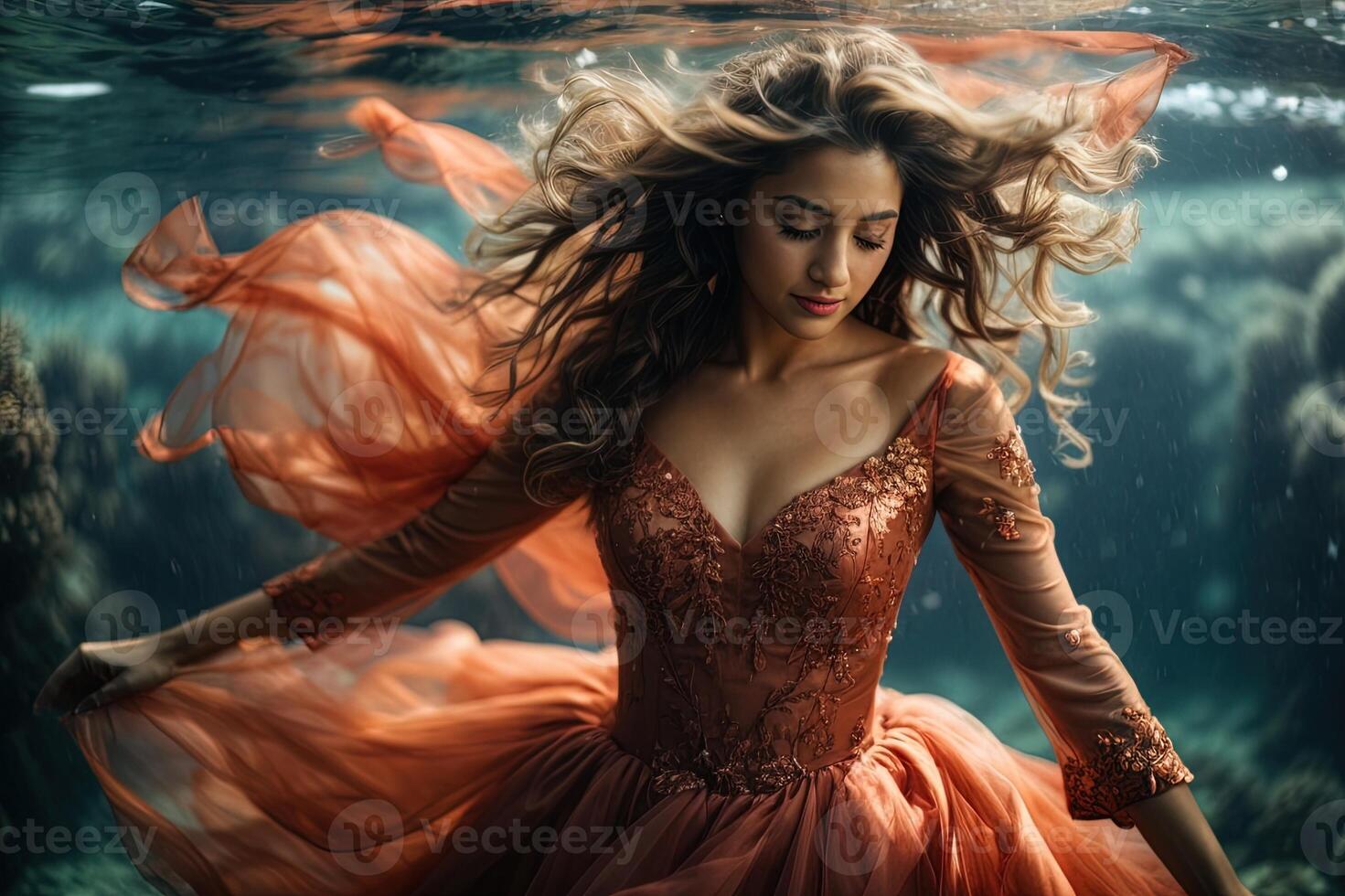 AI generated a woman in an elegant ball gown dances under water photo