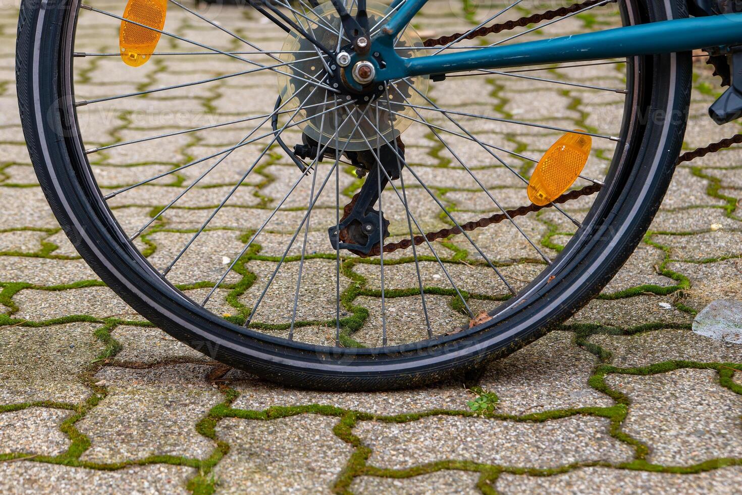 flat bicycle tire with view from the ground photo