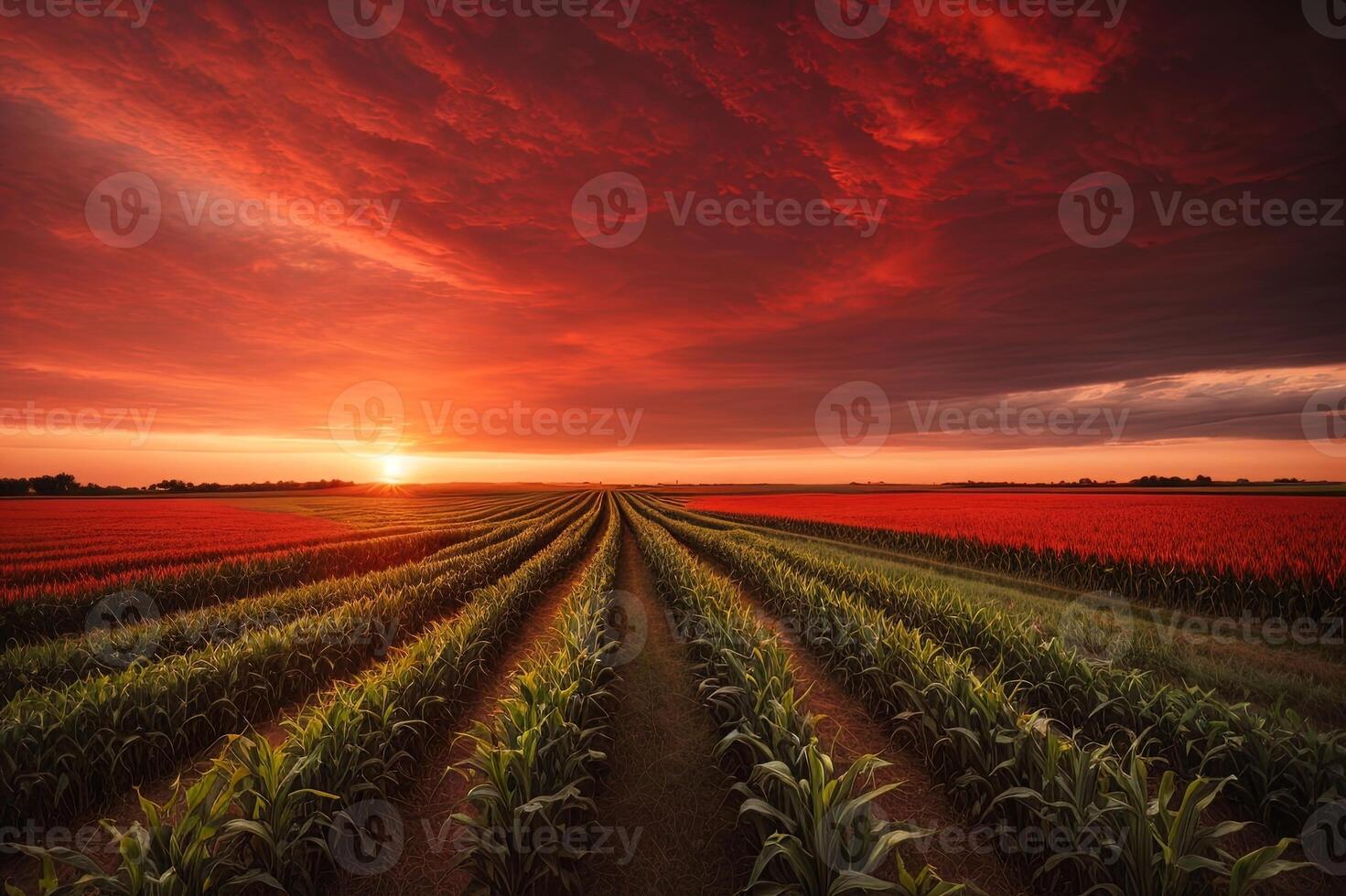 AI generated cornfield in an impressive red sunset photo