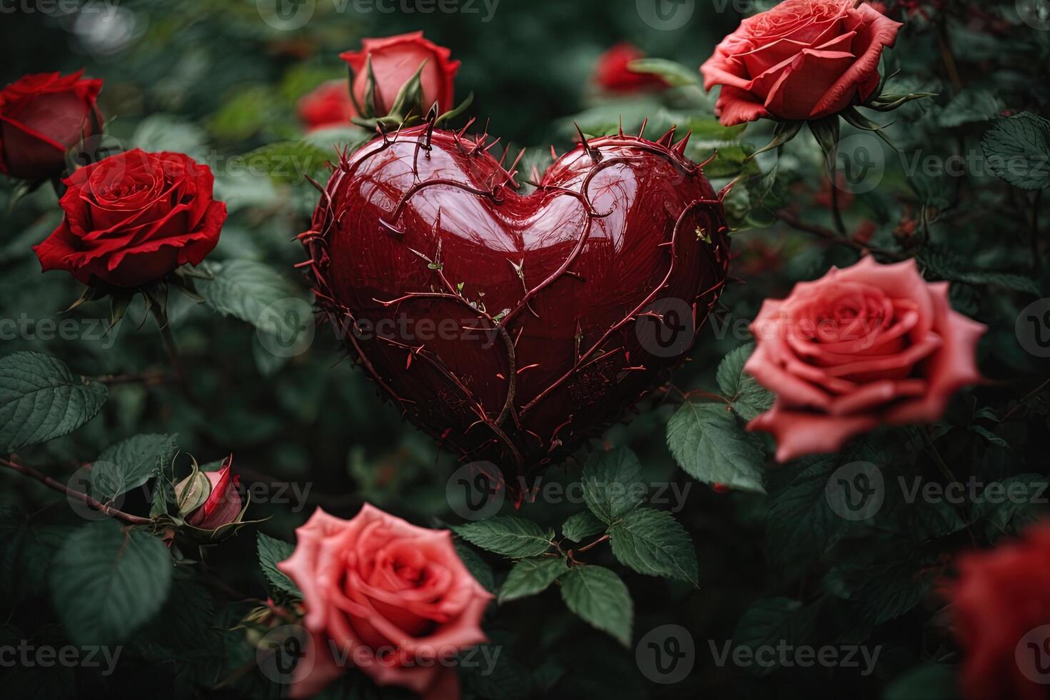 ai generado un corazón con espinas en un Rosa arbusto foto