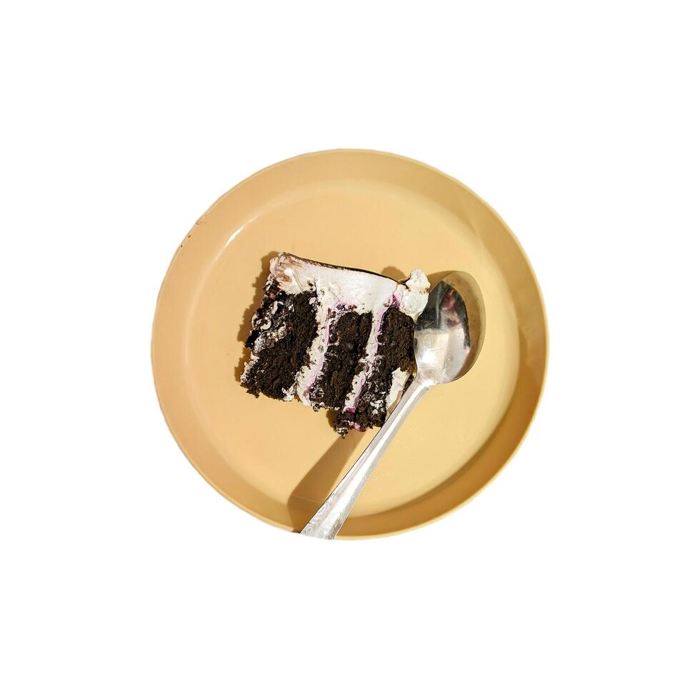 isolated photo of brownie cake pieces on a plate with a spoon