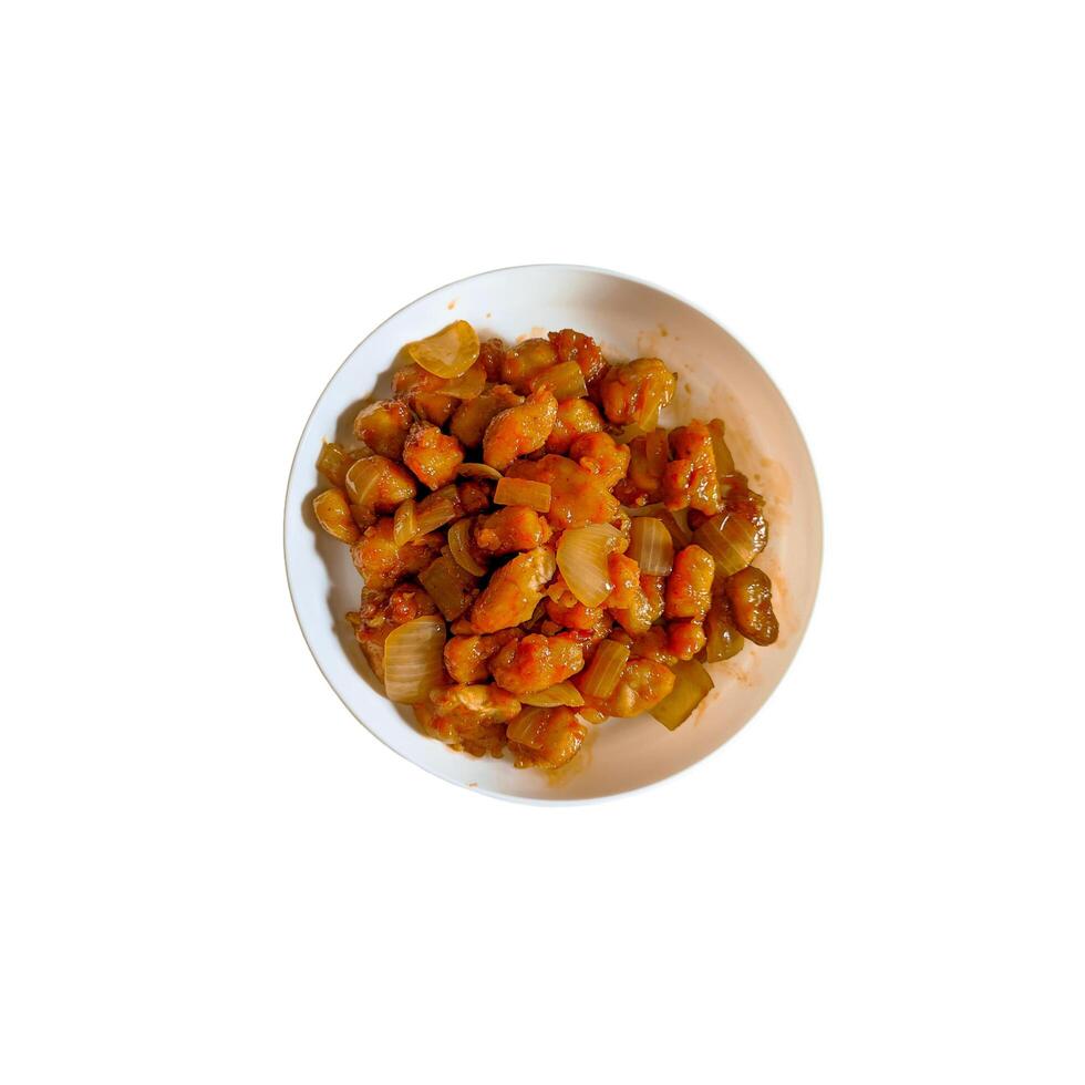 isolated image of chicken in spicy sauce with onions on a plate photo