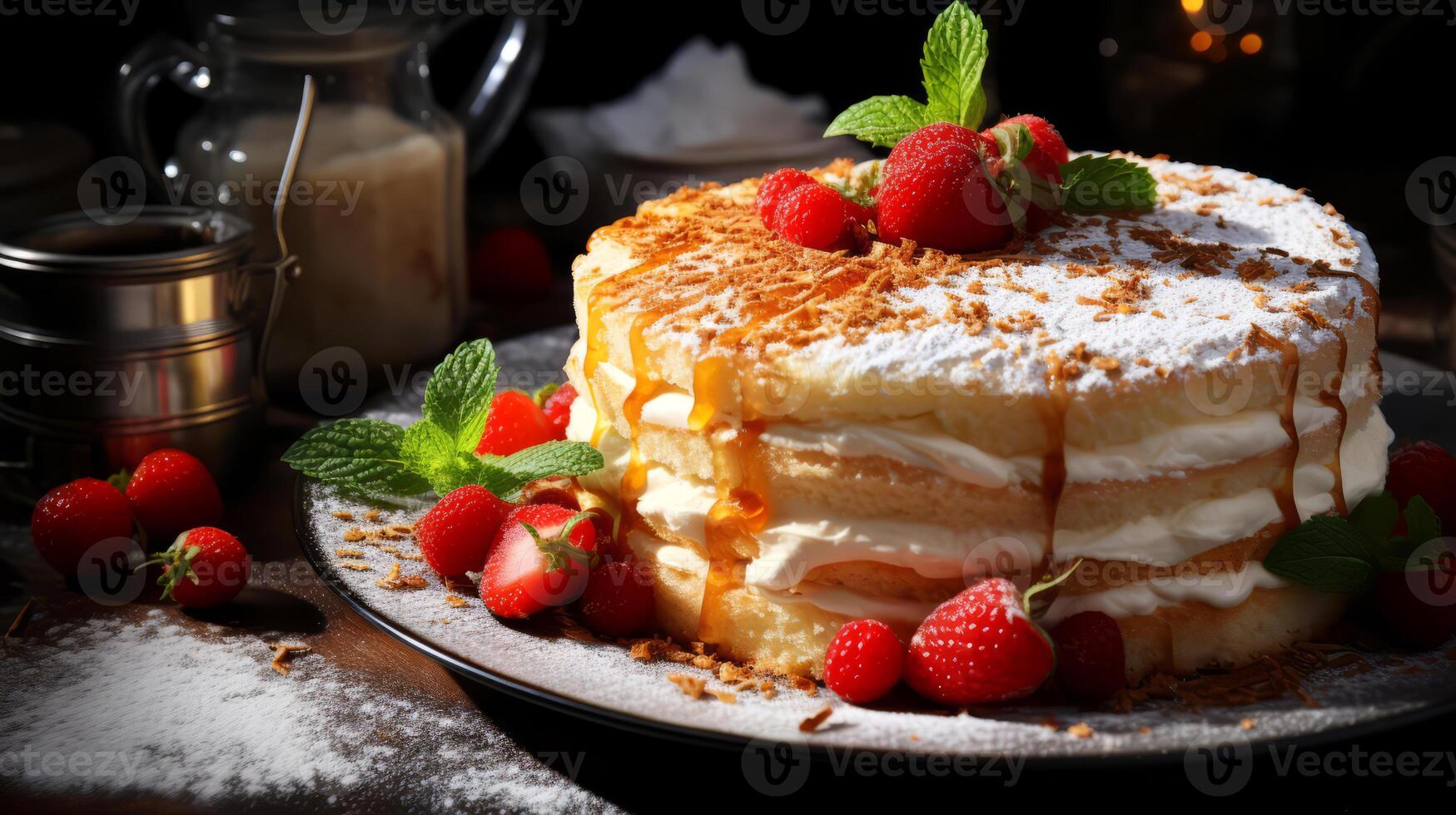 AI generated Crepe cake with strawberries and whipped cream on a dark background. photo