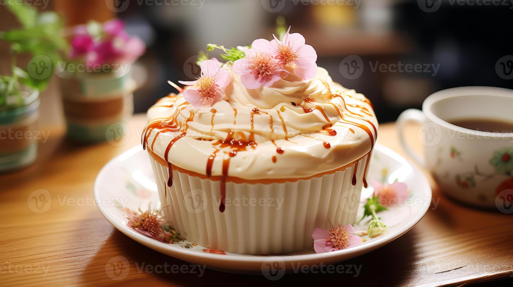 ai generado magdalena con azotado crema y flores en el de madera mesa. foto