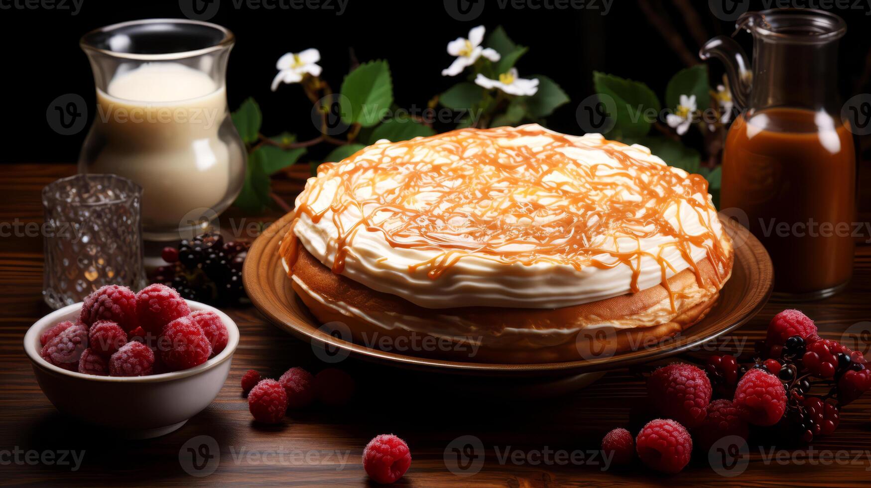 AI generated Pancakes with raspberries and blackberries on wooden table. photo