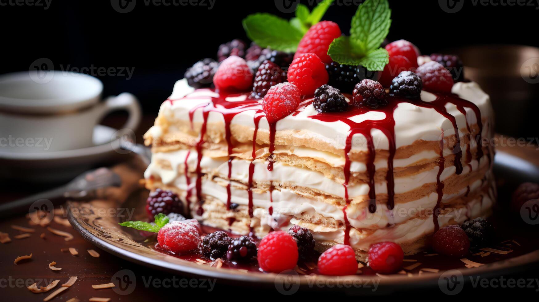 AI generated Pancakes with berries and chocolate sauce on a dark background. photo