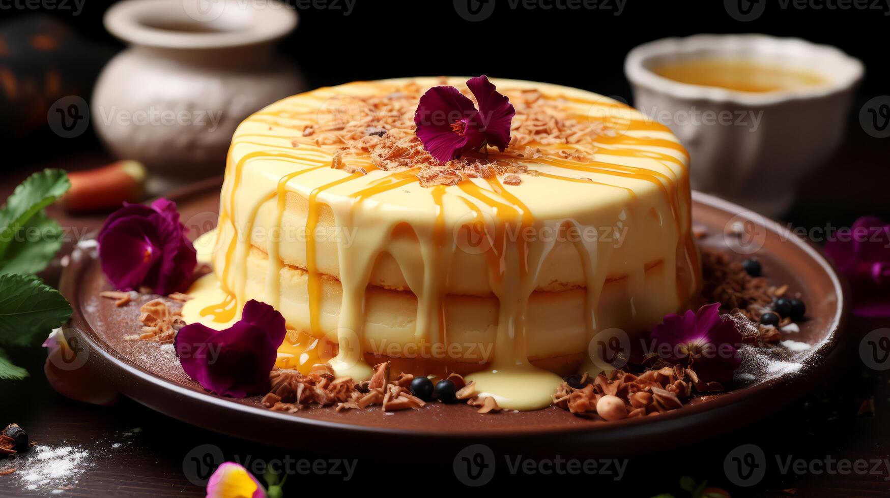 AI generated Cheesecake with caramel glaze on a brown plate with flowers. photo