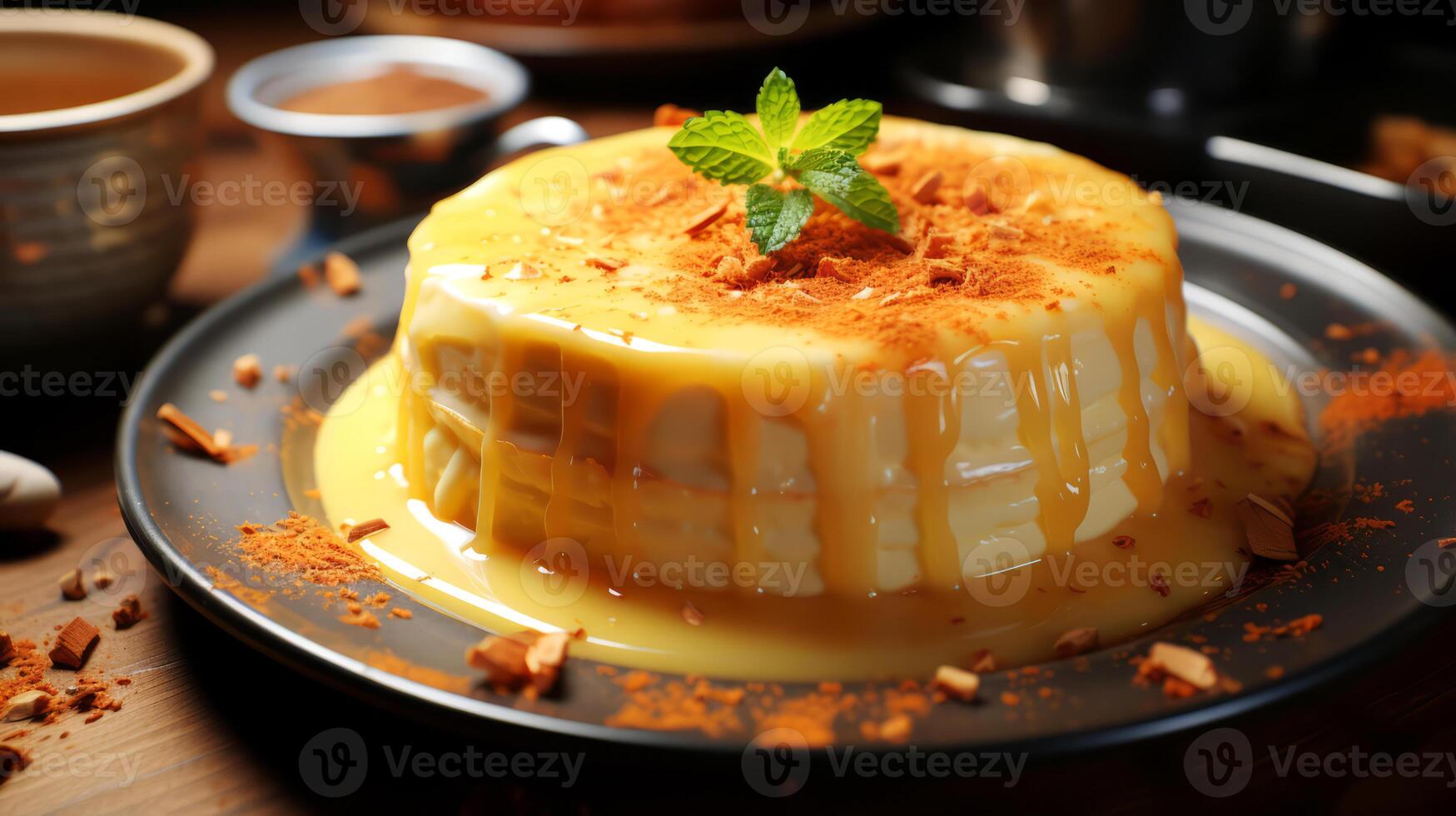 AI generated Creamy caramel pudding with coffee on wooden table. photo