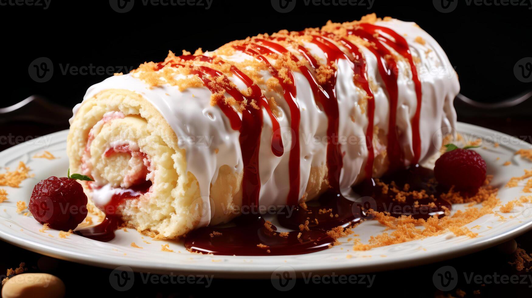 AI generated Cake rolls with strawberry sauce on a white plate on a black background. photo