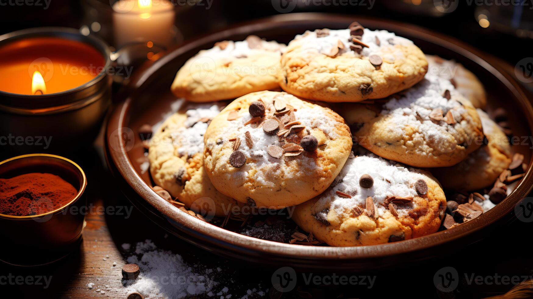 AI generated Cup of tea, cookies and flowers on a wooden table. photo