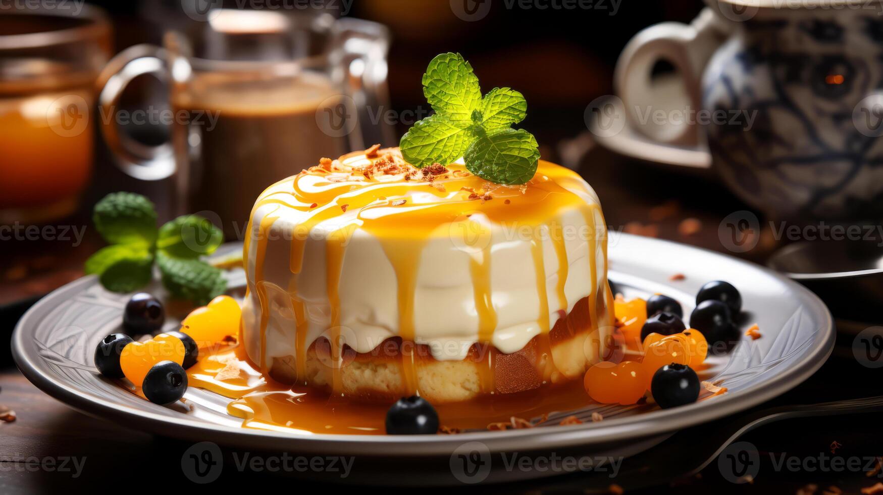 AI generated Panna cotta with caramel sauce and berries on a dark background. photo