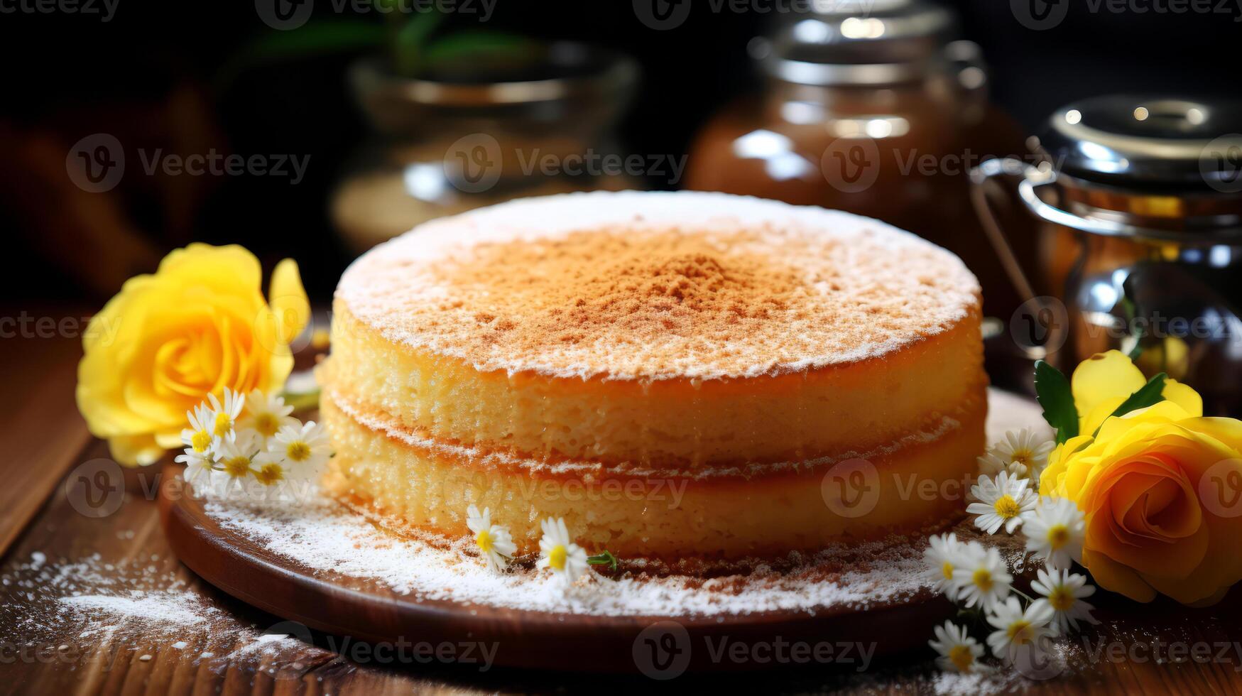 ai generado tarta de queso con miel y flores en un oscuro antecedentes. foto