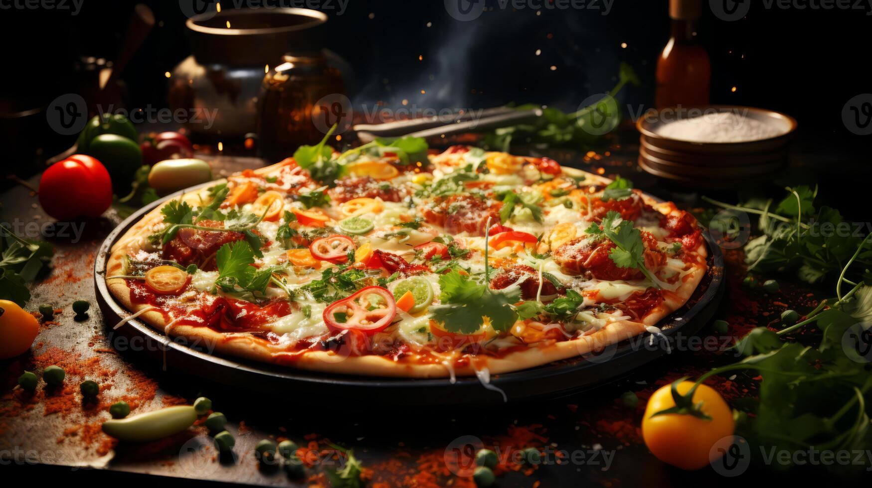 AI generated Pizza with mozzarella cheese, tomatoes, peppers and herbs. photo
