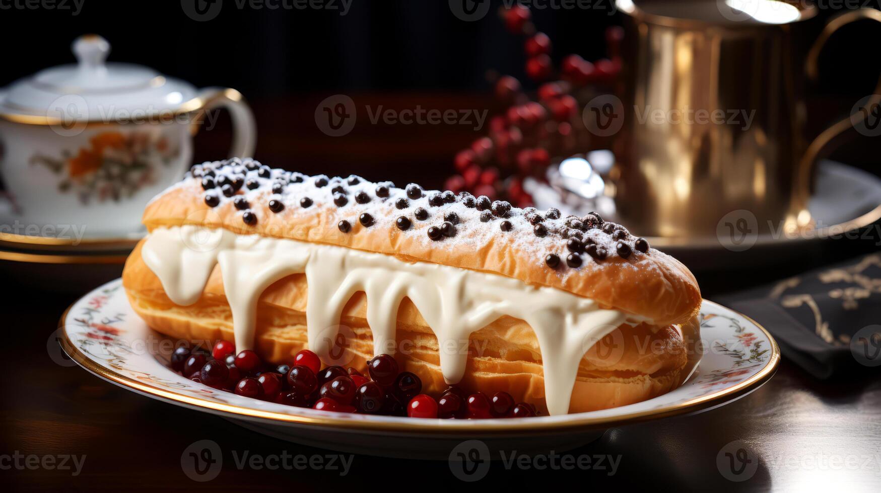 AI generated Eclair with cream and berries on a wooden table in a restaurant. photo