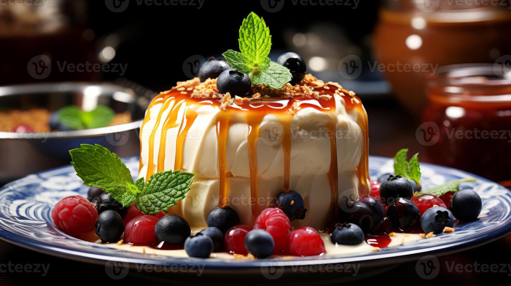 AI generated Panna cotta with caramel sauce and fresh berries. photo