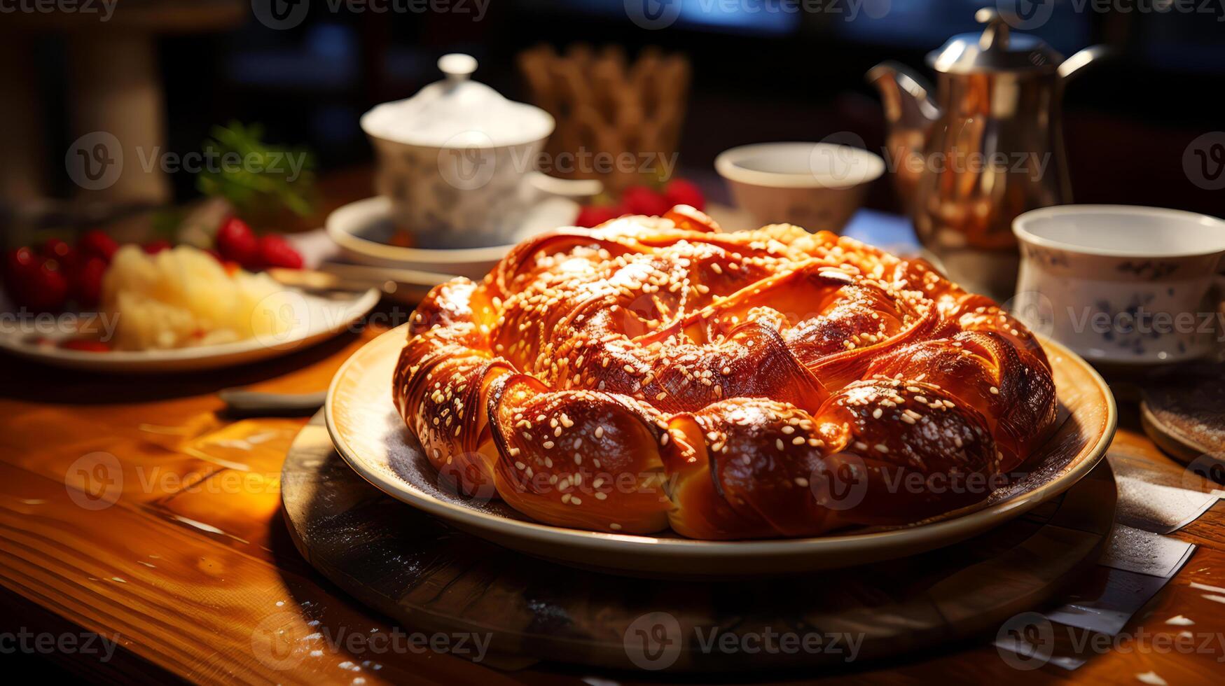 AI generated Freshly baked buns with sesame seeds on a wooden table. photo