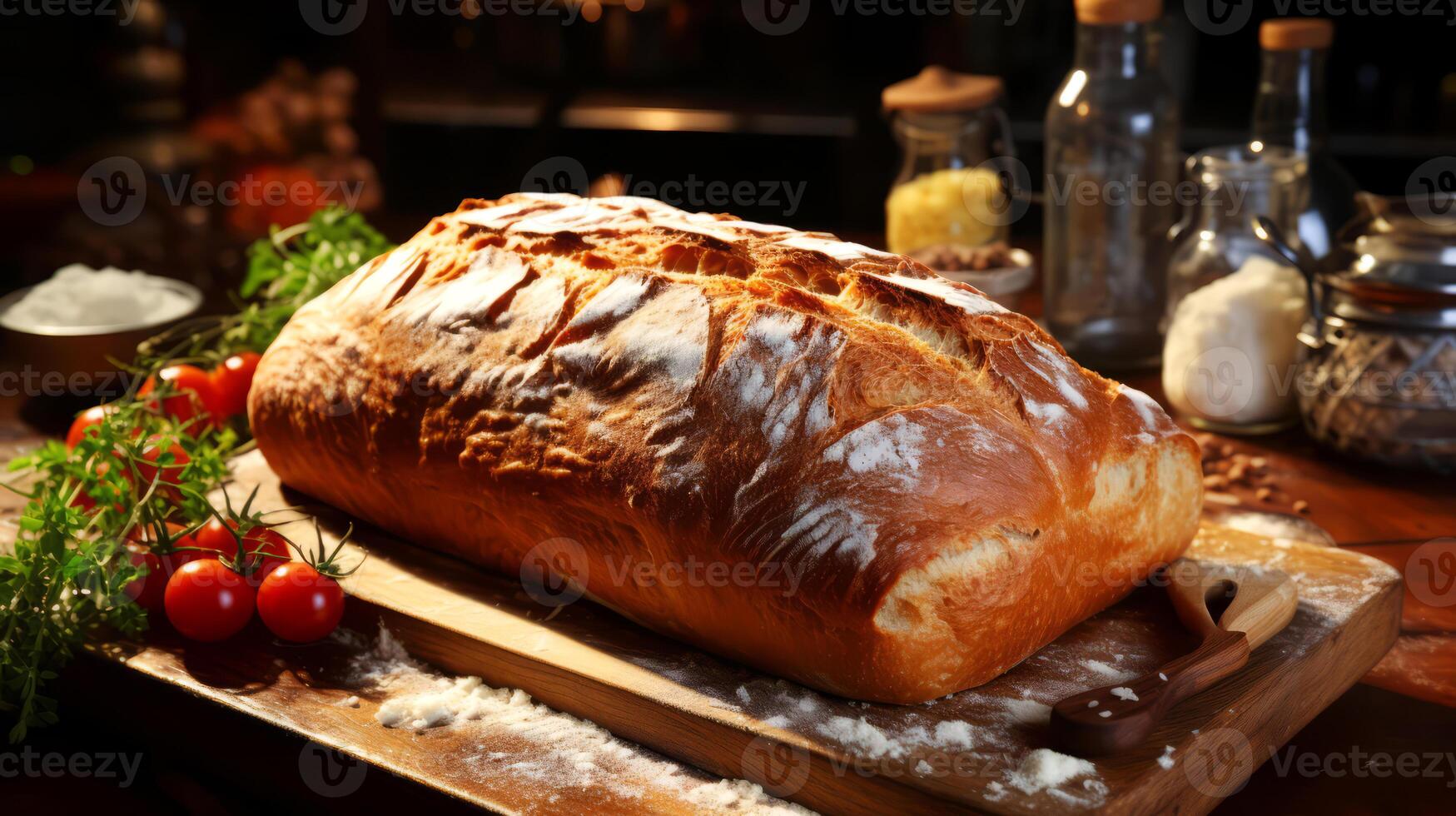 AI generated Freshly baked loaf of bread on a wooden board. photo