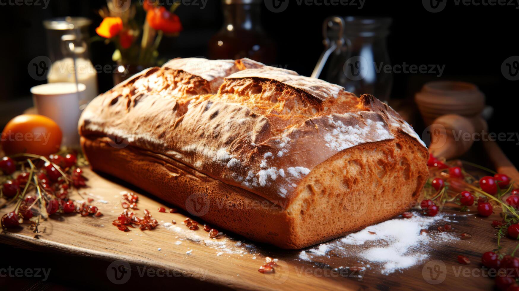 AI generated Freshly baked loaf of bread on a wooden board. photo