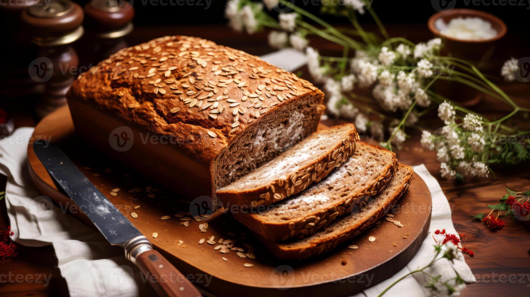 AI generated Freshly baked loaf of bread on a wooden board. photo