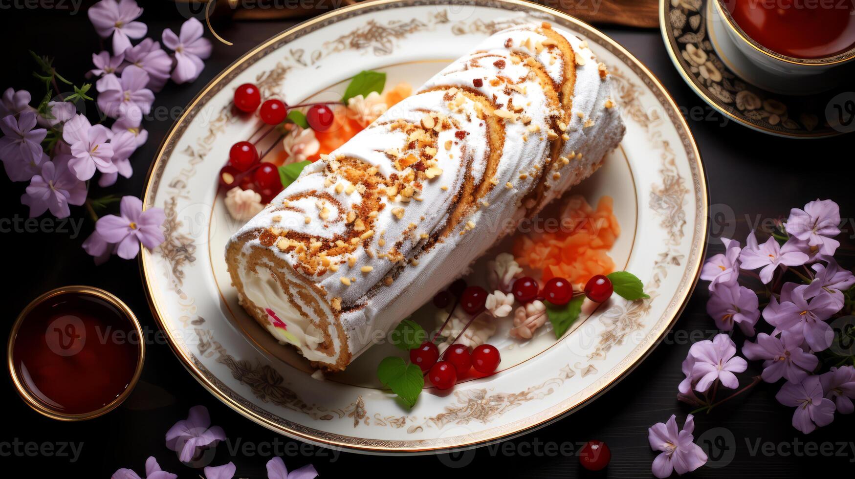 AI generated Cake rolls with whipped cream and berries on a dark background. photo
