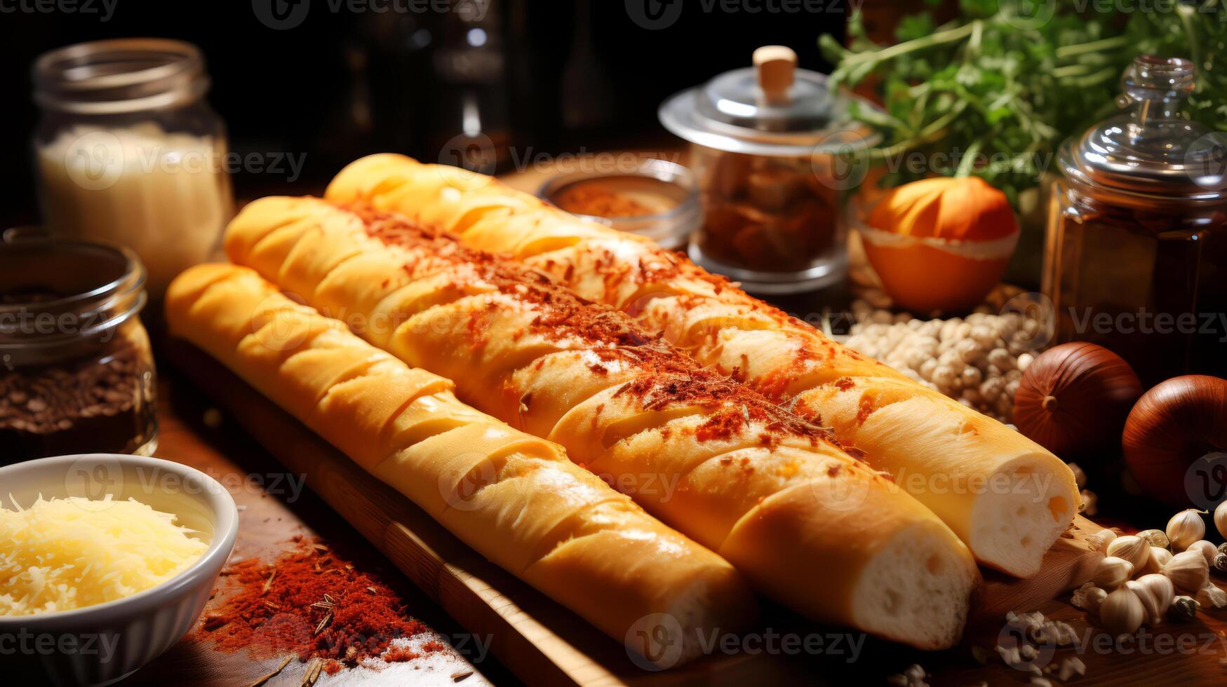 AI generated Bread sticks with cheese and spices on a wooden table in a restaurant. photo