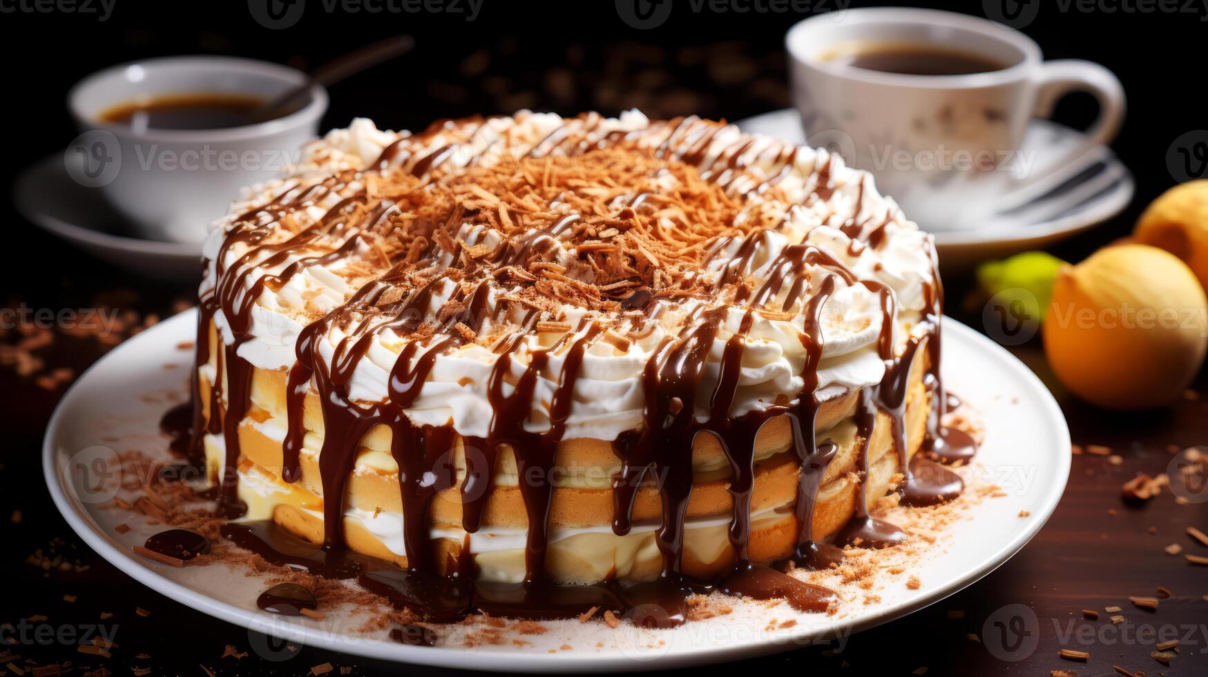 AI generated Delicious cake with whipped cream and chocolate on a wooden table. photo