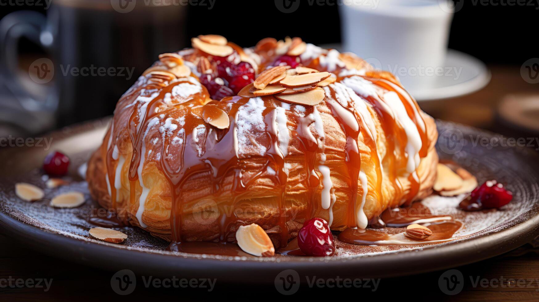 AI generated Croissant with chocolate glaze and almonds on a wooden table. photo