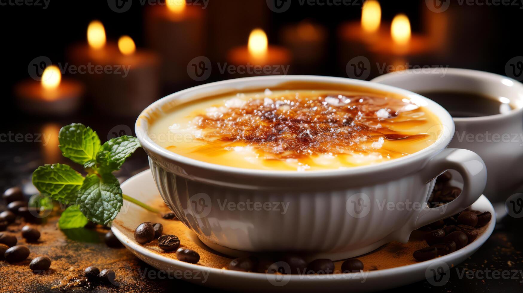 AI generated Creme Brule with coffee and mint on a dark background. photo