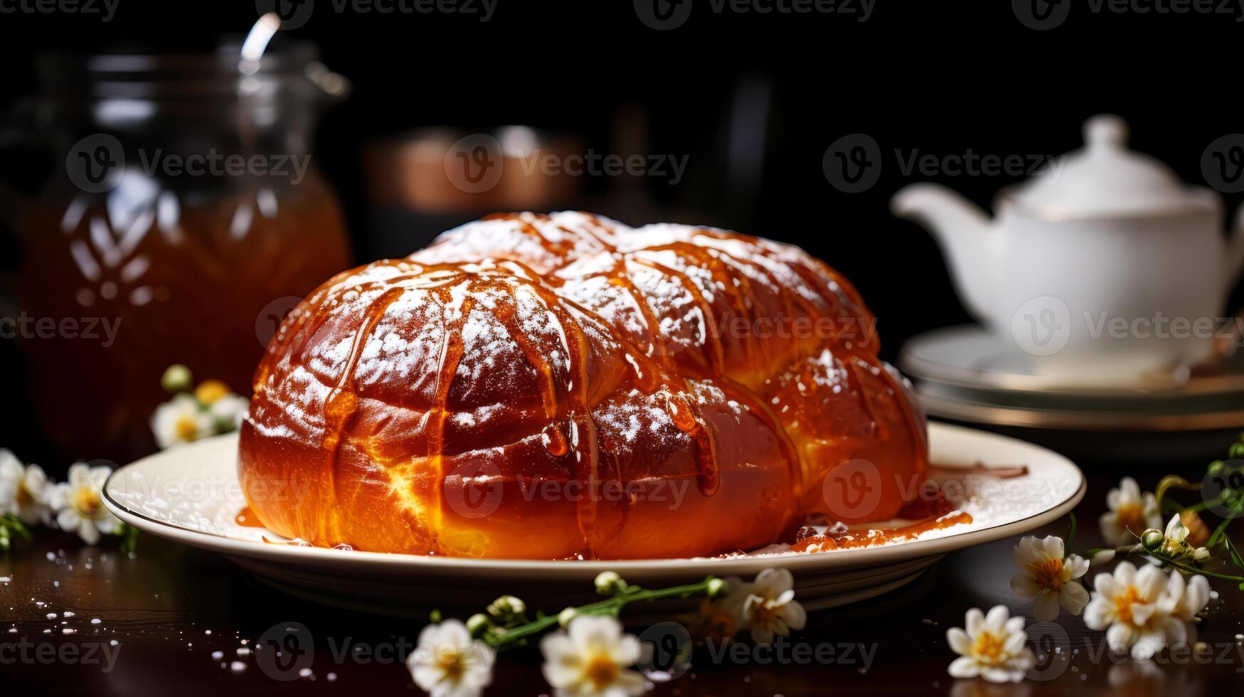 AI generated Sweet braided cake with honey on a wooden table. photo