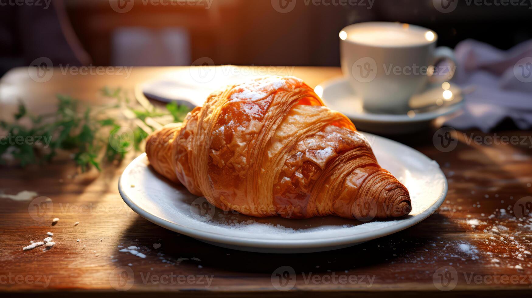 AI generated Croissant on a wooden table in a cafe with a cup of coffee. photo