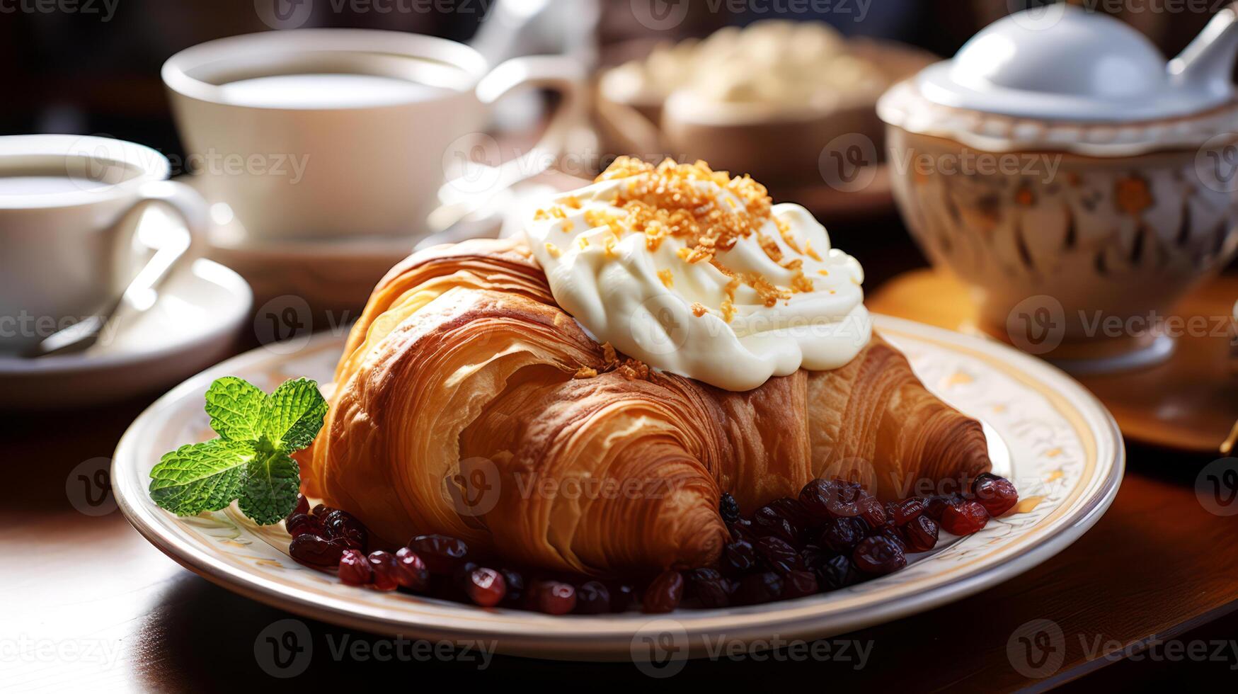 AI generated Breakfast with coffee and croissants on wooden table. photo