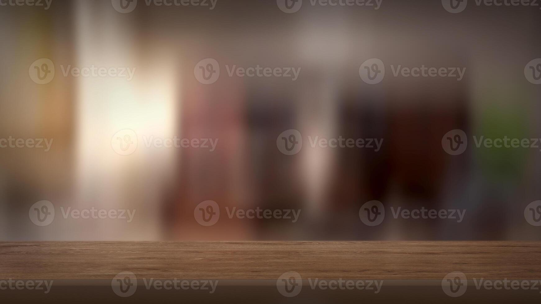 Blank wooden table with blurred background. Good for product arrangement photo