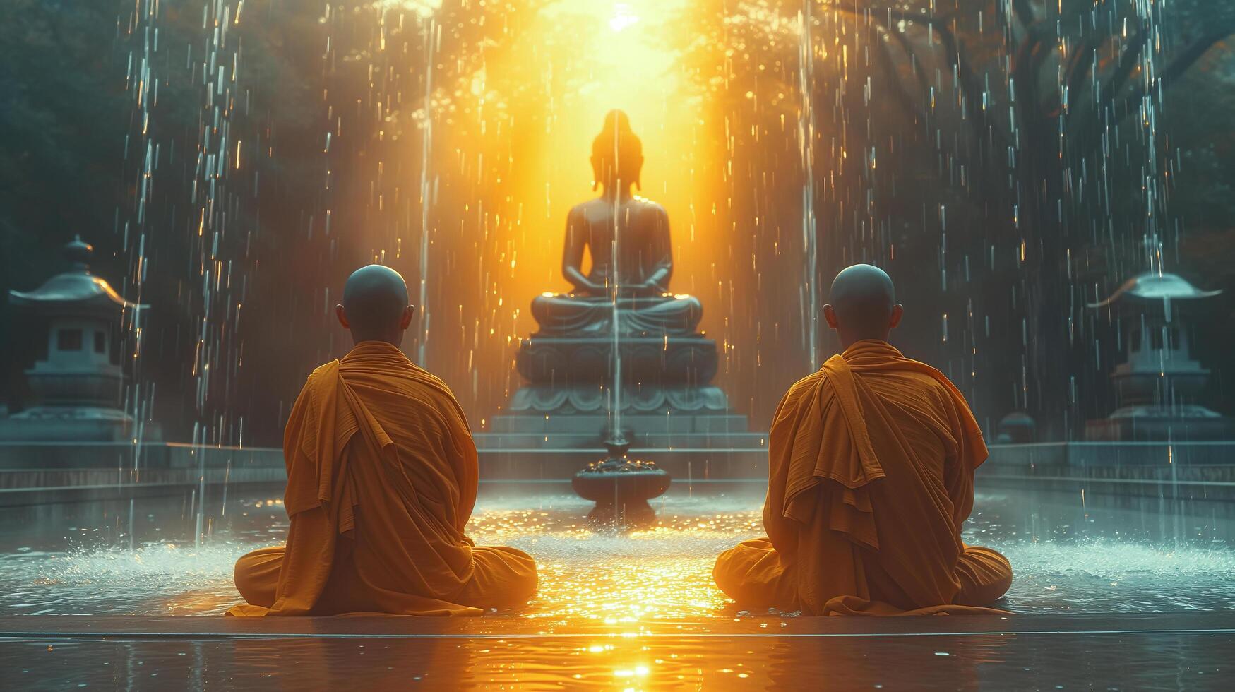 AI generated Buddhist monks engaging near serene Buddha statue. Generative Ai. photo