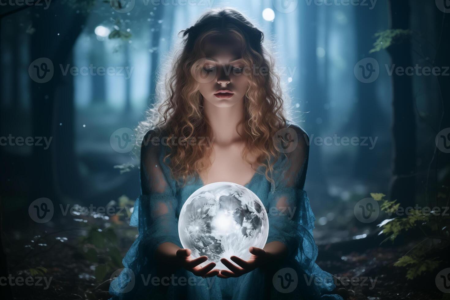 AI generated Beautiful girl on a night with a magic ball. Generative Ai. photo