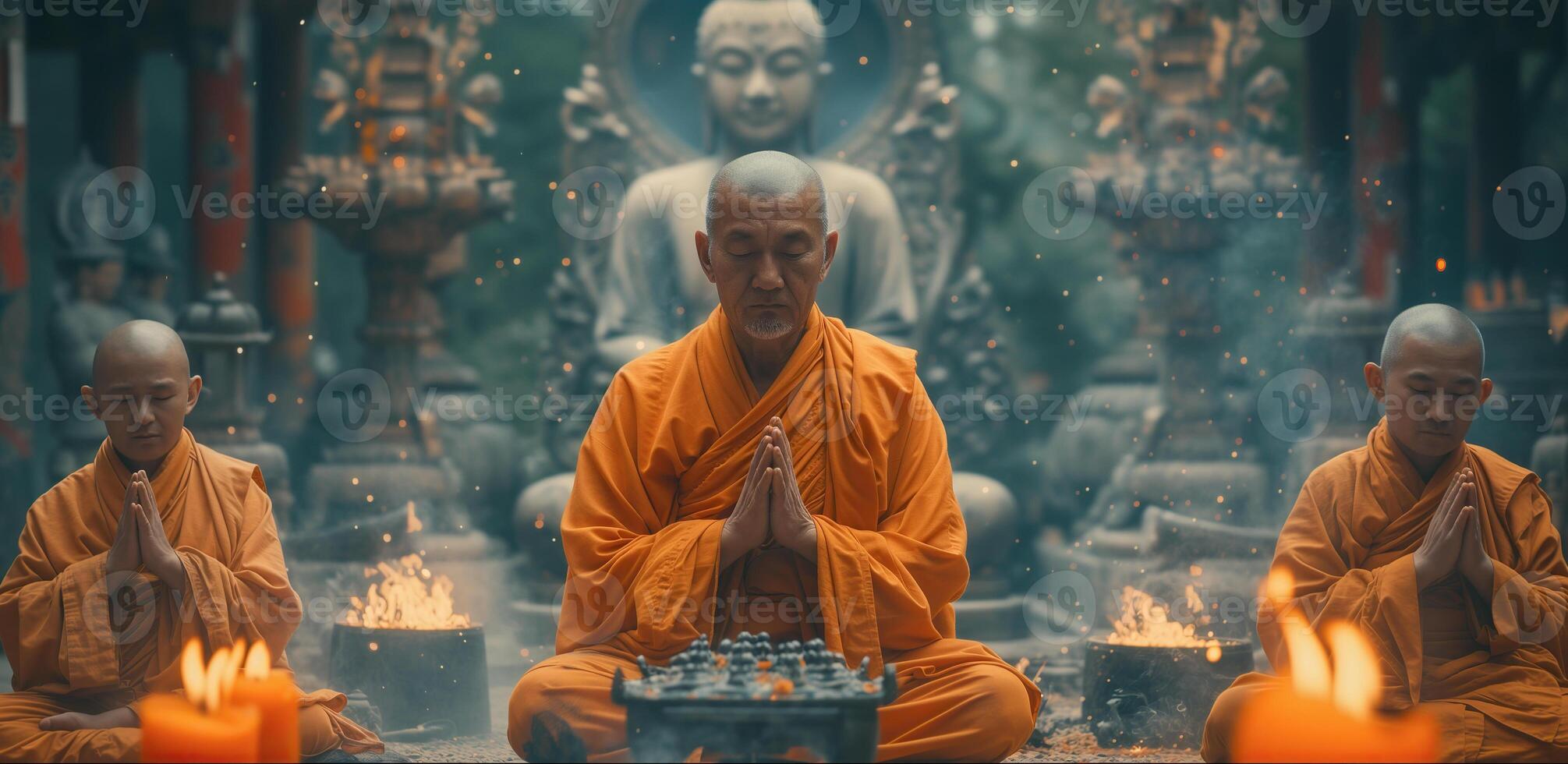 AI generated Buddhist monks engaging near serene Buddha statue. Generative Ai. photo