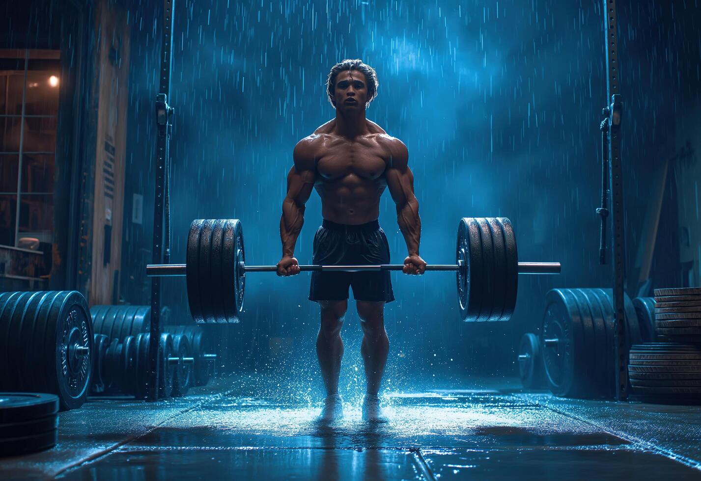 ai generado un retrato de hombre con barra con pesas en el gimnasio para aptitud física. generativo ai. foto
