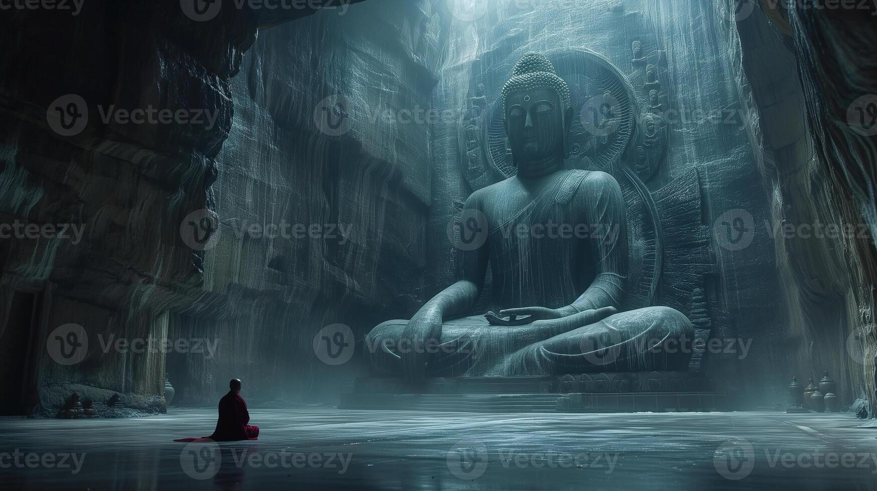 AI generated Buddhist monks engaging near serene Buddha statue in the cave. Generative Ai. photo