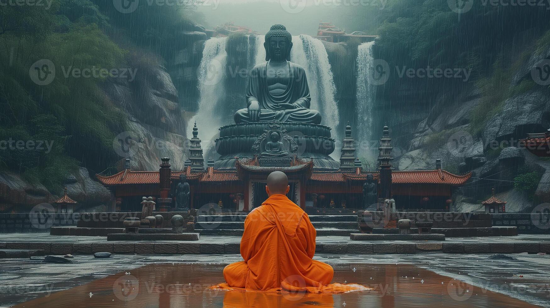 AI generated Buddhist monks engaging near serene Buddha statue in the rain. Generative Ai. photo