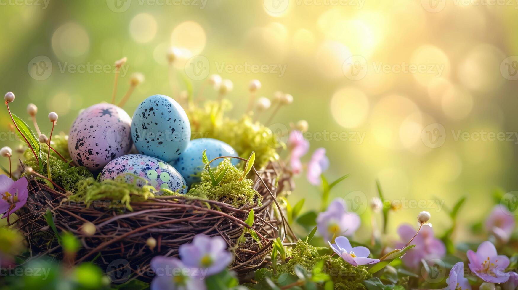 AI generated Nest made of twigs and moss with Easter eggs. Natural forest, park with spring flowers. AI Generated photo