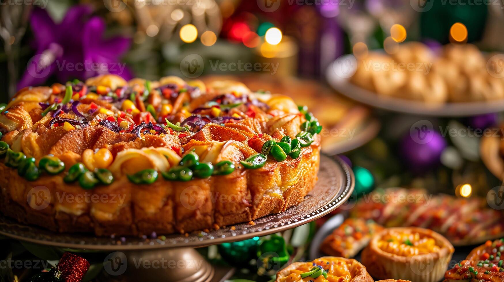 AI generated King Cake with green, yellow, purple decor. Table with traditional Mardi Gras treats. AI Generative photo