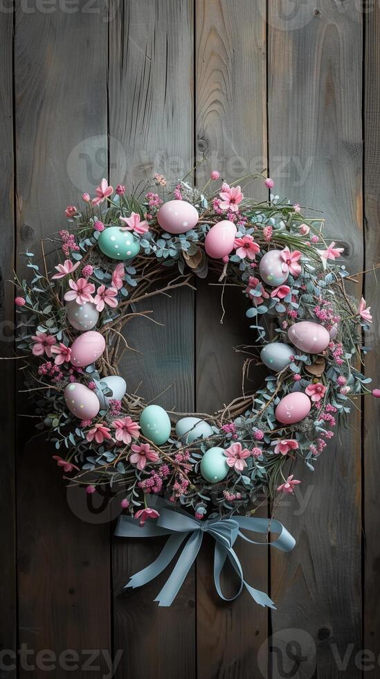 AI generated Easter wreath made of spring flowers, willow twigs, and Easter eggs on wooden surface. AI Generated photo