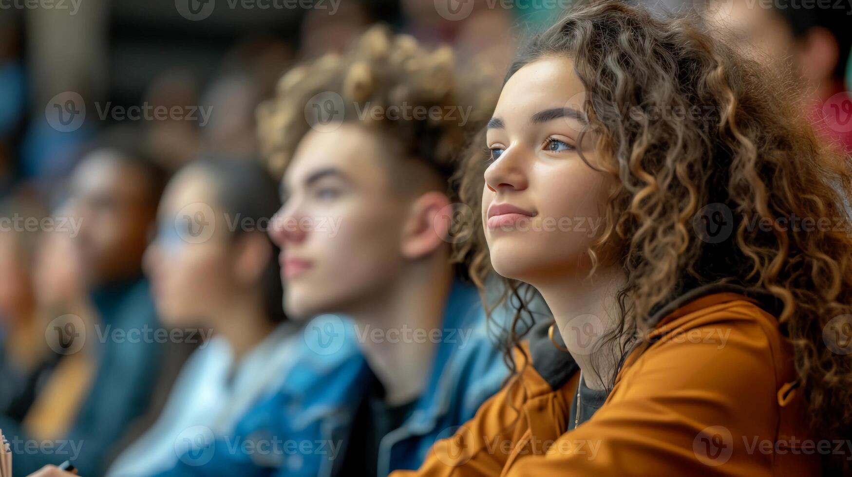 AI generated A vibrant university lecture hall with students of various ethnicities engaging in learning. Accessibility, diversity, and equality in education. AI Generated photo